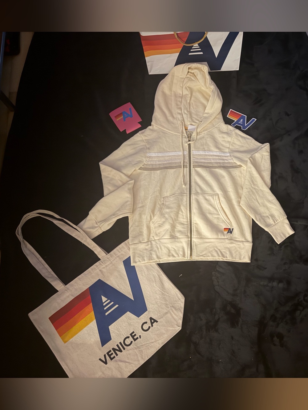 - NWT  Aviator Nation 5-Stripe Hoodie - Vintage White- Small + Tote Bag